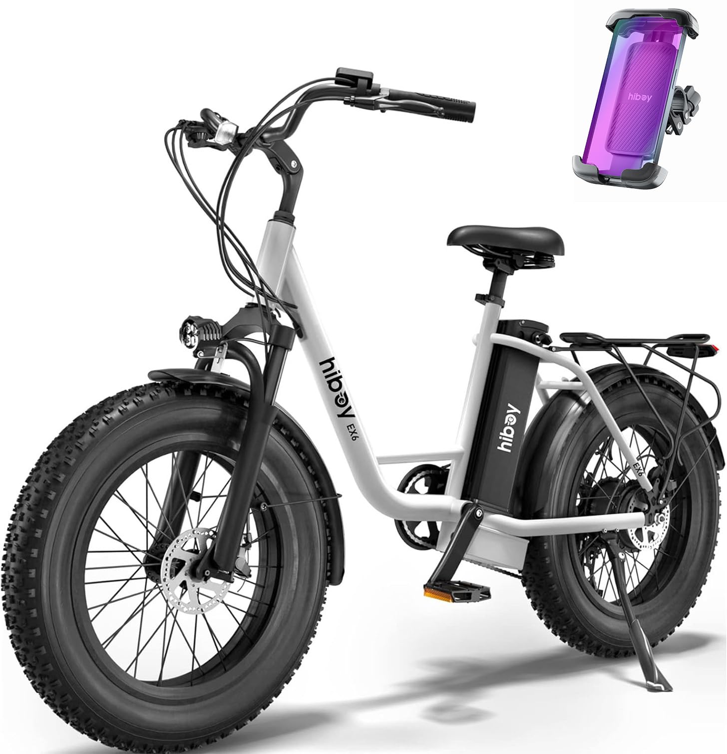 Hiboy EX6 20" Fat Tire Electric Bike for Adults, 500W Motor 25MPH, 41 Mi Pure Electric, 48V 14.5Ah Removable Battery, Shimano 7-Speed All-Terrain Snow Beach Mountain Ebike with Front Suspension