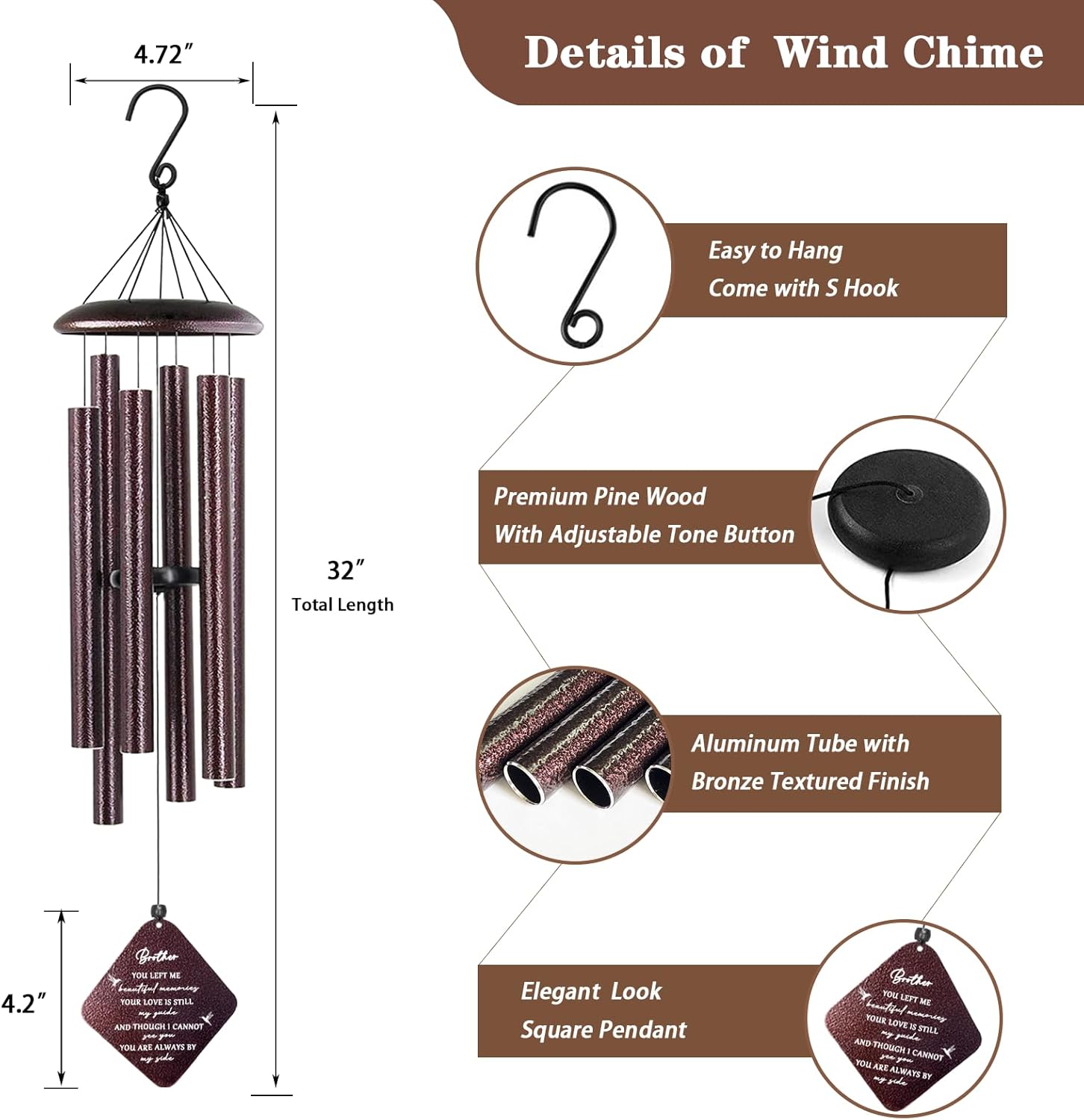 Memorial Gifts for Loss of Brother, 32" Sympathy Wind Chimes for Loss of Brother, Bereavement Gifts Loss of Brother, Loss of Brother Sympathy Gifts, Windchimes in Memory of Brother (Bronze) - Image 6