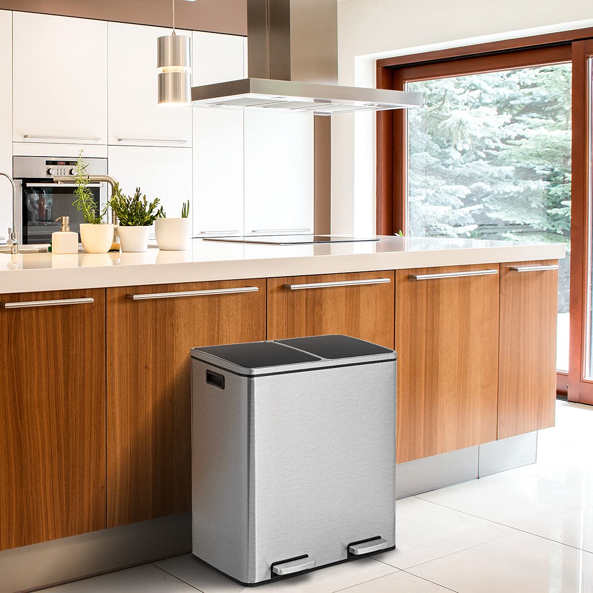 GOPLUS Cubo de basura de acero inoxidable, 2 x 30 L, con 2 compartimentos, a prueba de olores, con tapa, asas, pedal de metal y 2 cubos interiores de plástico, cierre de suavidad para cocina y salón