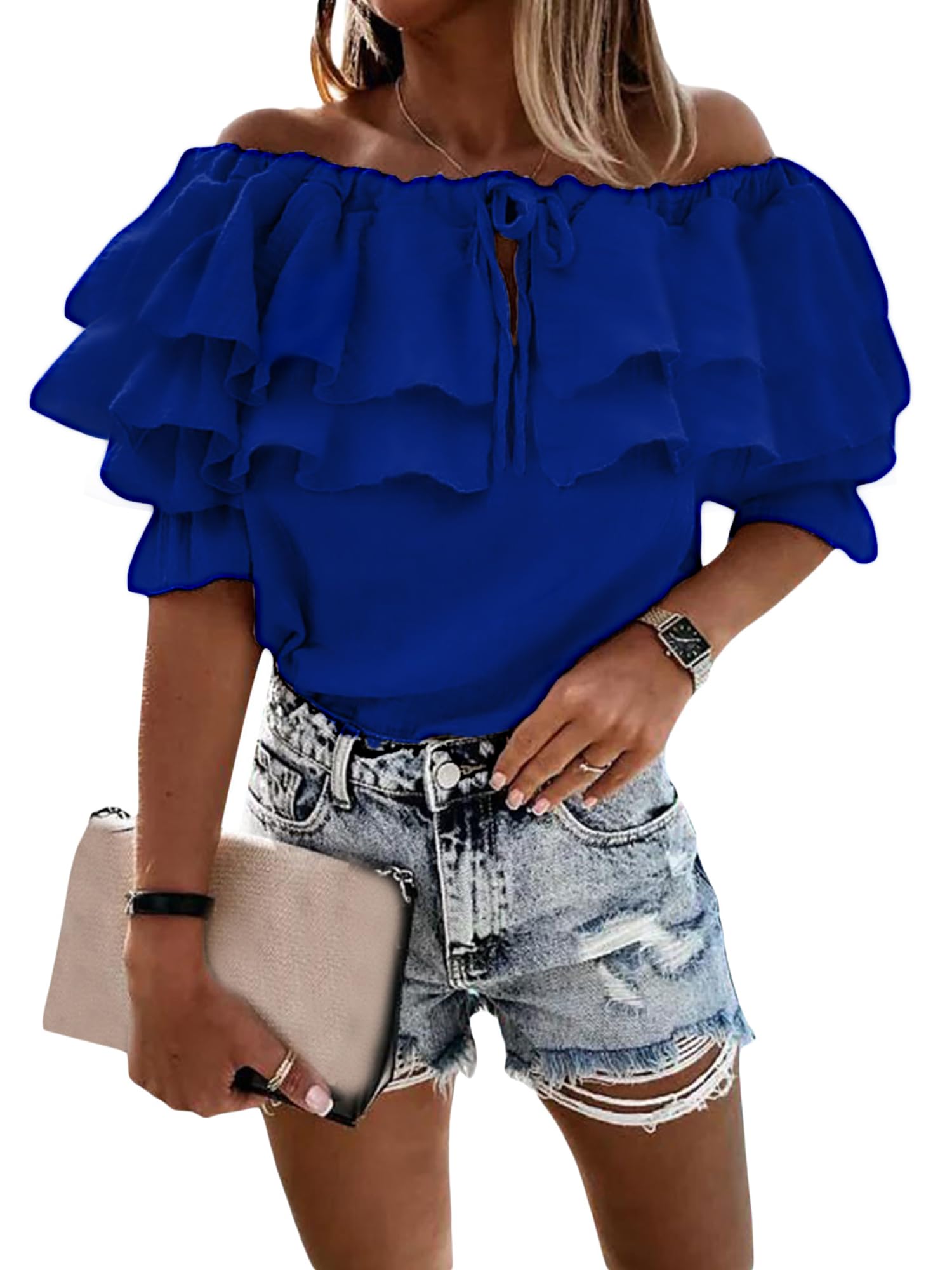 Acrawnni Woman's Strapless Half Sleeve Blouses Sexy Off Shoulder Ruffle Tie-Up Chiffon Crop Tops Casual Ladies Tunic Shirts (A-Blue, S)