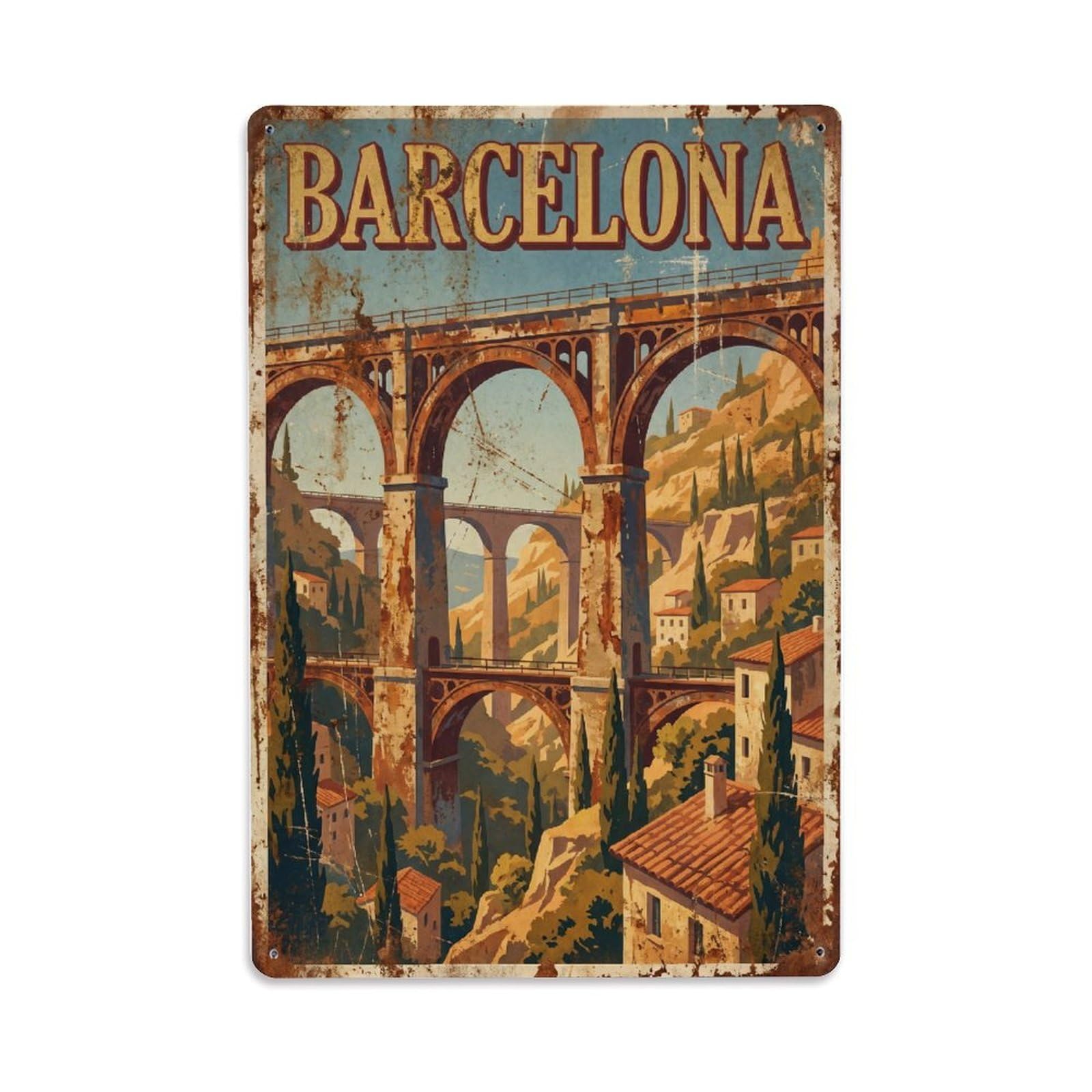 Vintage Travel Viaducts Spain Elevated Metal Tin Sign Plaque Wall Decor for Cafe, Club Bar, Office, Home Garden Metal Poster 8x12Inch