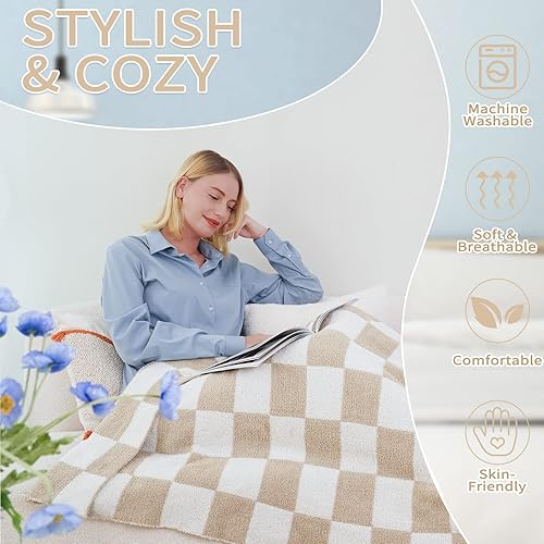 Miniatura 6 de QQP Manta a cuadros, manta reversible de microfibra suave y acogedora, 60 x 70 pulgadas, para el hogar, cama y sofá (Camely blanco)