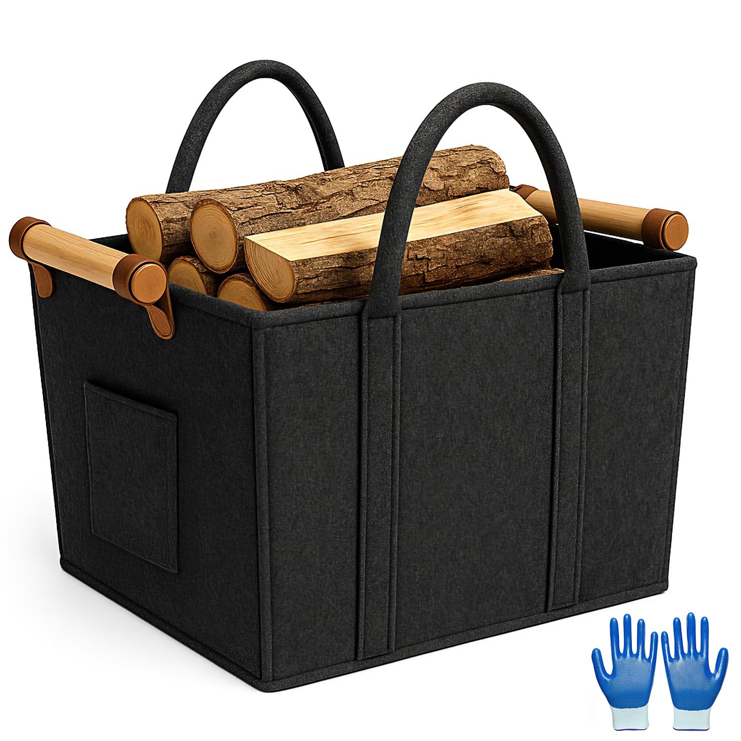 Cesta Leña Chimenea de Fieltro, Cesta para Leña con Guantes, Cestas Almacenaje con Asas de Transporte, para Leña, Revistas, Periódicos, Ropa (42 cm x40 cm x 30 cm)