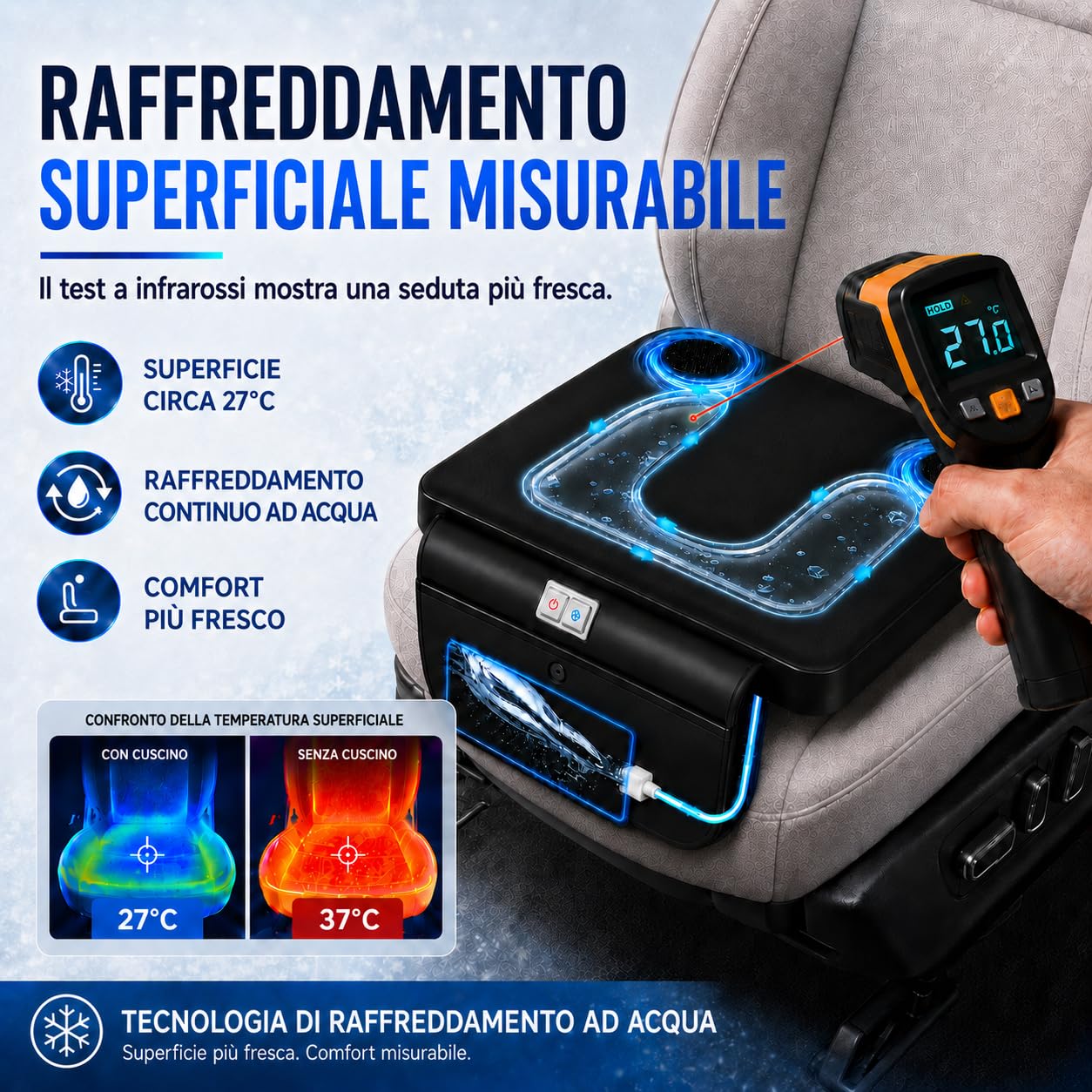 Cuscino raffreddato ad acqua con ventola | 3 livelli di velocità, raffreddamento fino a 27 °C, USB/12 V/24 V, per auto e ufficio
