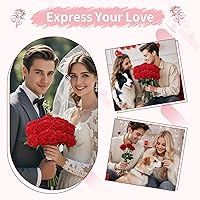 Vista 6 de 50 rosas artificiales, ramo de rosas rojas falsas, rosas rojas de seda artificial con tallos para decoración de flores de boda, día de San Valentín