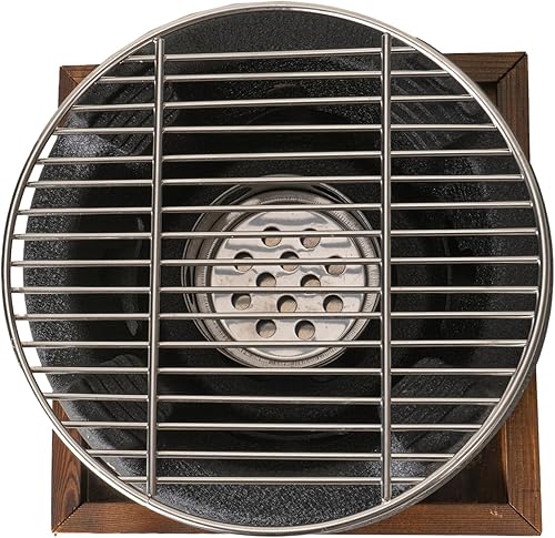 Miniatura 3 de Hinomaru Collection Parrilla de carbón japonés de aluminio Shichirin Konro con parrilla de malla de alambre y base de madera, parrilla Yakiniku