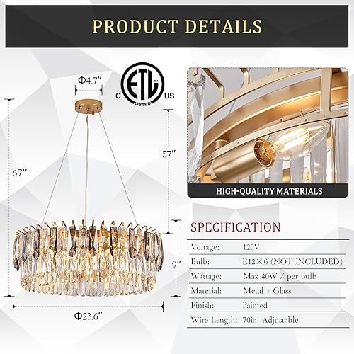 Miniatura 9 de CATINER Moderna lámpara de araña de cristal K9  Candelabros redondos dorados de lujo para comedor, dormitorio, sala de estar, luz de techo alto de