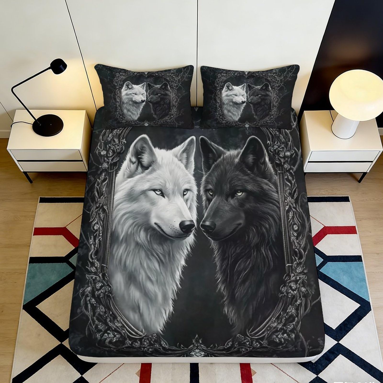 3D Printed Wolf Art Fitted Sheet Microfiber Soft Breathable Black White Wolves Bed Cover for Bedroom Dorm Decor 90x200x25cm
