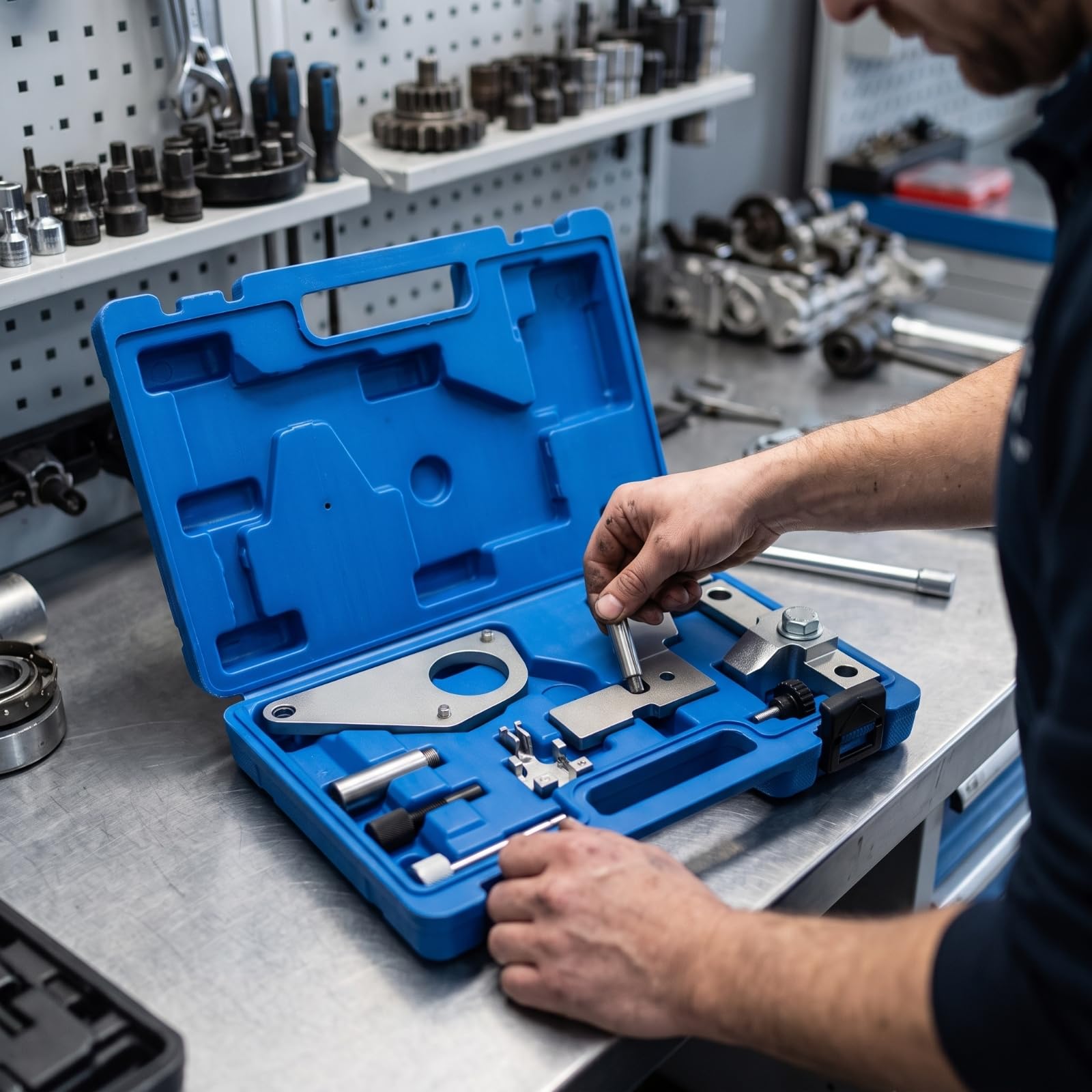 Set di Strumenti per Fasatura Design Compatto e Organizzato, Kit fasatura con Valigetta, Kit con Perni di Bloccaggio, per Riparazione Auto, Officina