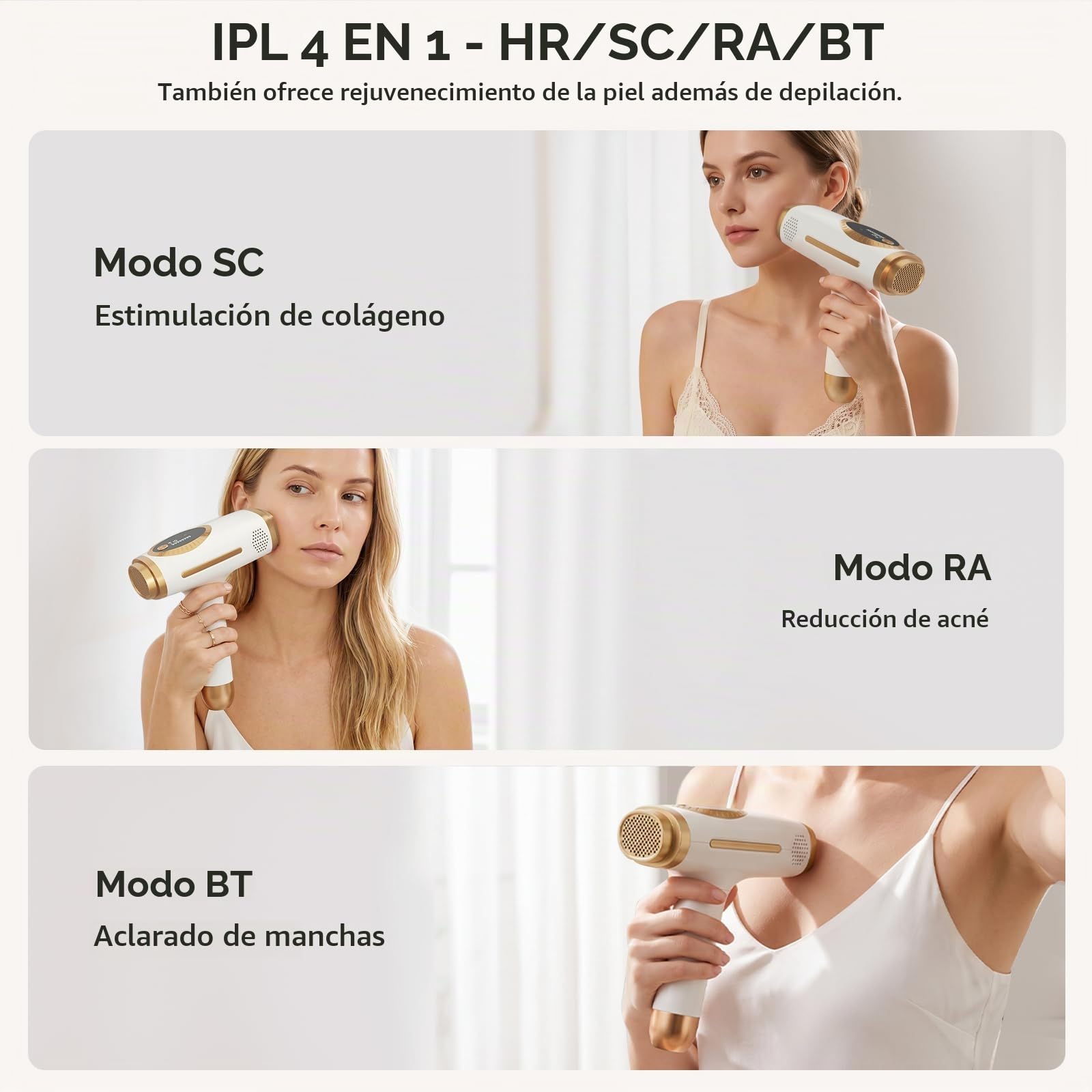 NALONE Depiladora IPL 4 en 1, Luz Pulsada para Mujeres y Hombres | ipl depiladora laser 10 niveles de potencia, modos HR/SC/RA/BT, uso doméstico para rostro, cuerpo y axilas