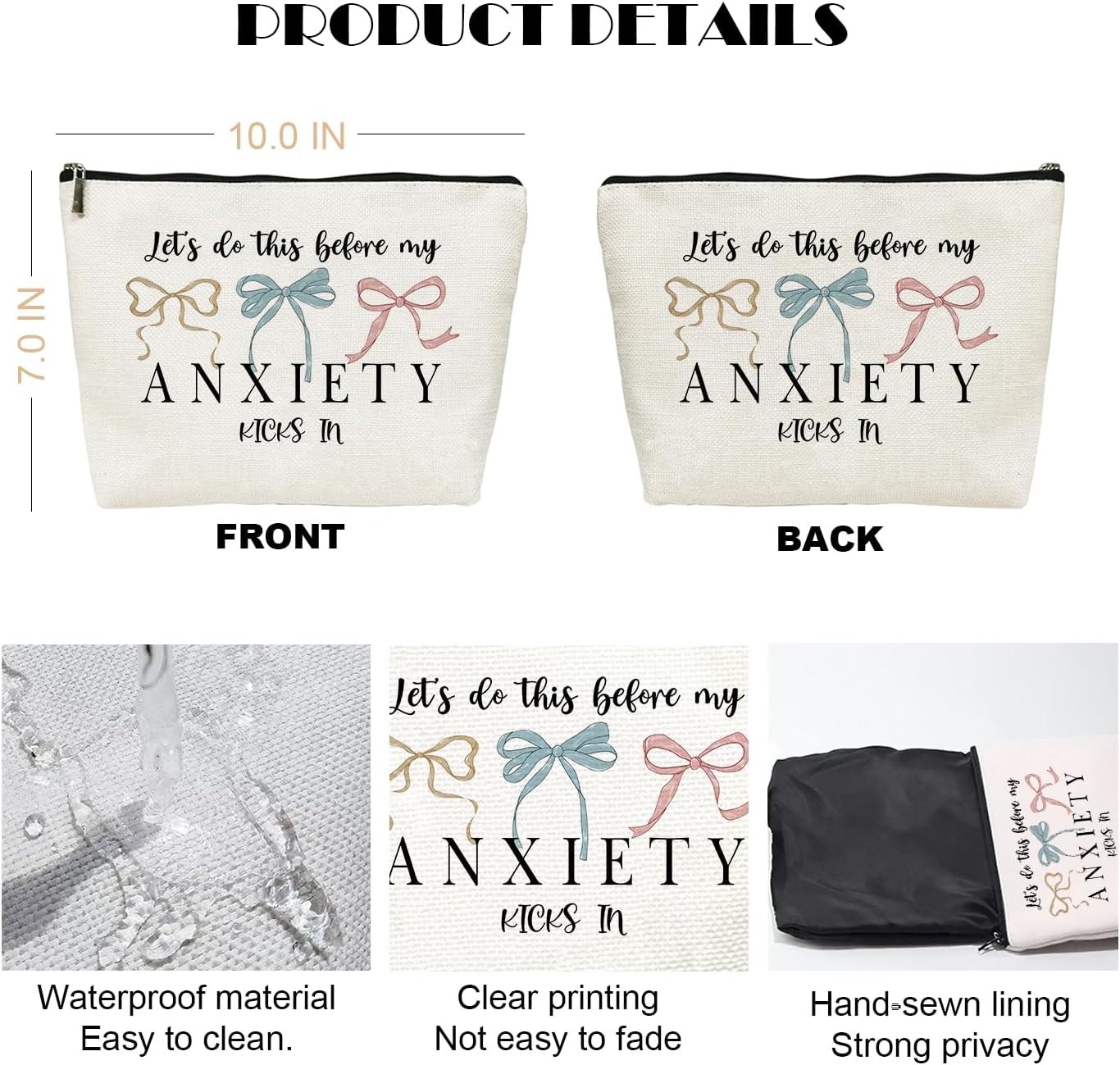 Funny Anxiety Themed Makeup Bag, Humor Self Care Cosmetic Bag, Gift for Women Friend Coworker Bestie Sister Social Worker Mom Teacher Therapist Graduation Birthday Christmas 10×7 Inch White - Image 6