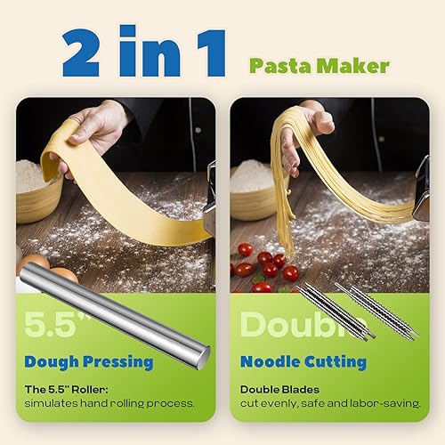 Miniatura 10 de Máquina automática para hacer pasta eléctrica, rodillo de masa de pasta fresca, acero inoxidable (4 cuchillas para fideos planos de 0.079 in, 0.098