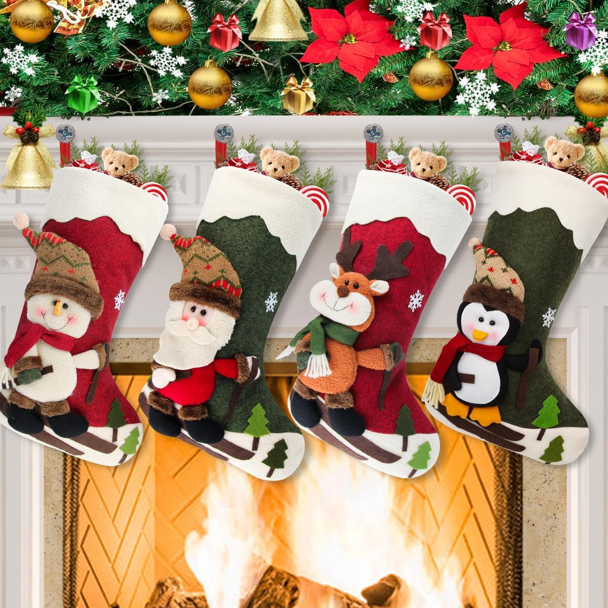 Dreampark Christmas Stockings 4 Pack 18" Big Xmas Stockings Decoration - Santa Snowman Reindeer Penguin Family Stockings for Home Decor Set of 4