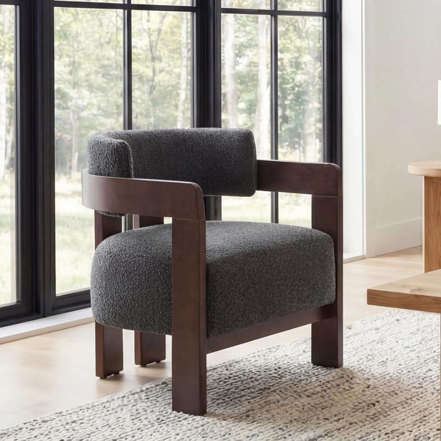 Barrel Accent Chair, Cozy Upholstered Living Room Chair for Bedroom, Walnut Wood Frame, Vintage Modern Lounge Reading Chair for Apartment Waiting Room Office,1 PCS, Charcoal