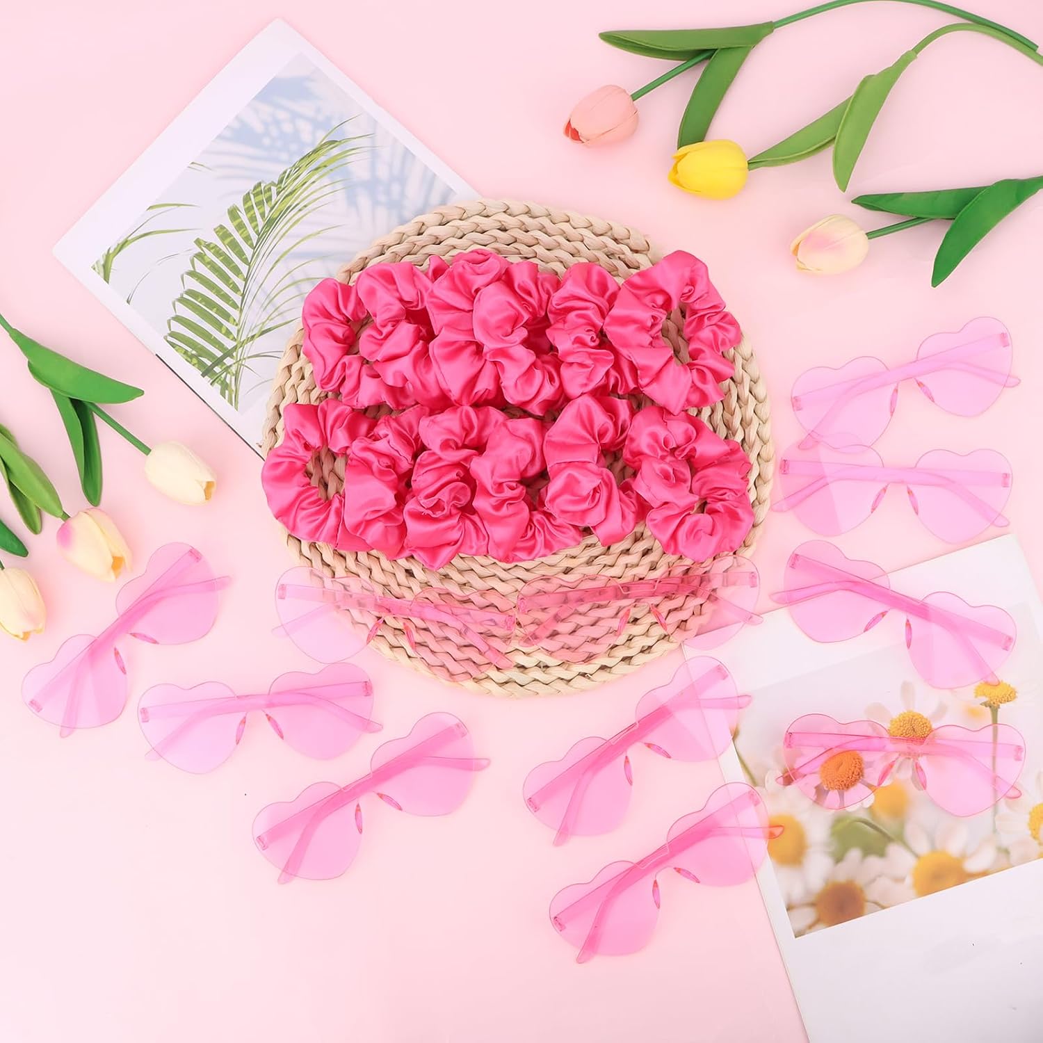 Semato 24 Pcs Pink Party Favors with 12 Pcs Pink Satin Scrunchies and 12 Pcs Heart Shaped Sunglasses for Party Supplies