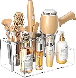 HIIMIEI Organizador de ferramentas de cabelo, suporte de acrílico para secador de cabelo, suporte para secador de cabelo de bancada de banheiro, organizador de acessórios para maquiagem, chapinhas,
