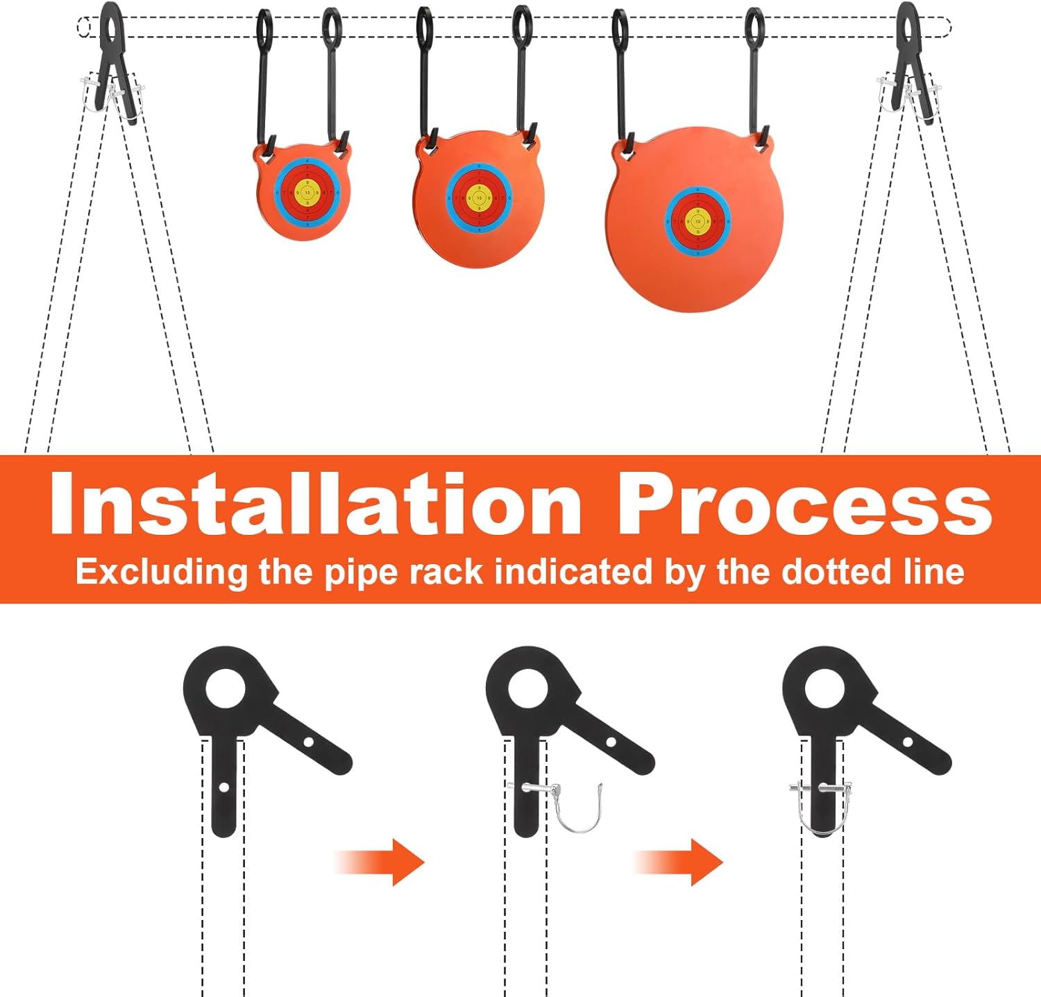 Soulchen 1/2 3/8 Inch Thick Ar500 Steel Target Combo Set, Gong with 100 Paper Targets & Hanging Kit, Neon Color, Hooks, Lock Pins, Leg Brackets for 1 Inch Od EMT Conduit
