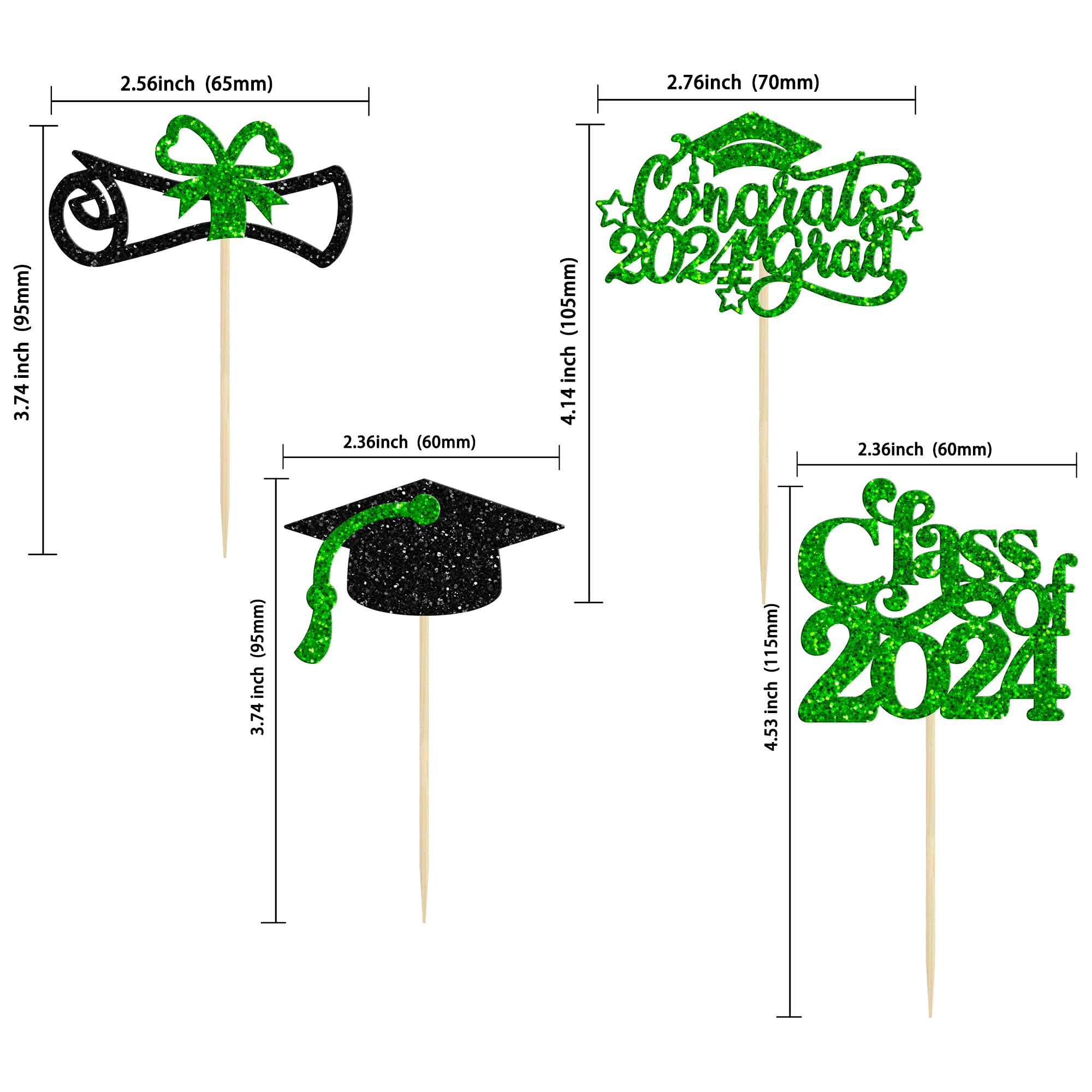 Gyufise 24Pcs Class of 2026 Cupcake Toppers Glitter 2026 Congrats Grad 2026 Cake Decorations Cap Diploma Cupcake Picks 2026 Graduation Theme Party Cake Decorations Supplies Green - Image 2