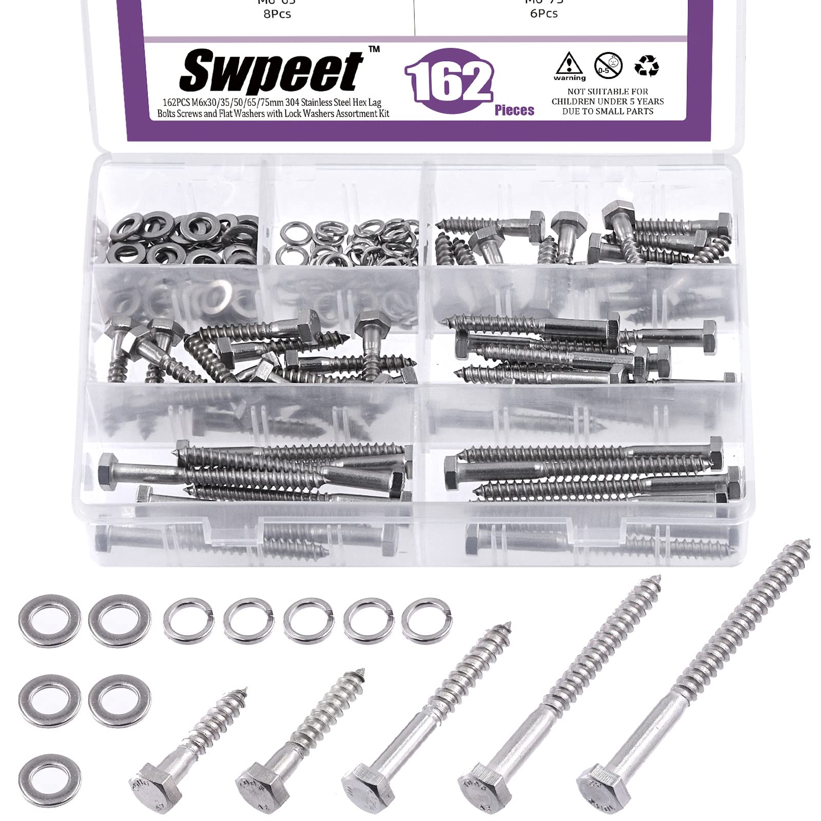 Swpeet 162PCS M6x30/40/50/60/75mm 304 Stainless Steel Hex Lag Bolts Screws and Flat Washers with Lock Washers Assortment Kit, M6 M8 Hexagon Head Wood Screws Lag Bolts and M6 M8 Flat Lock Washers