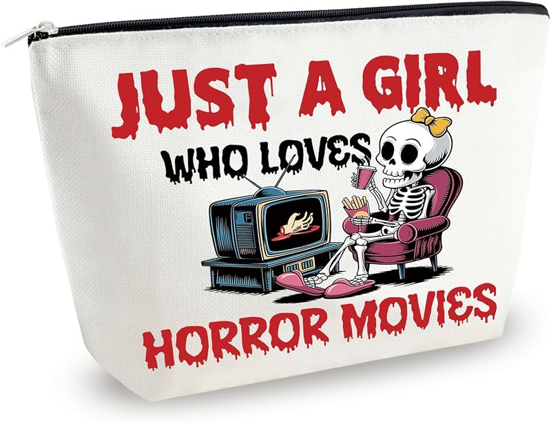 Necessaire de maquiagem Yoxiumi com estampa de filmes de terror, branca, zíper