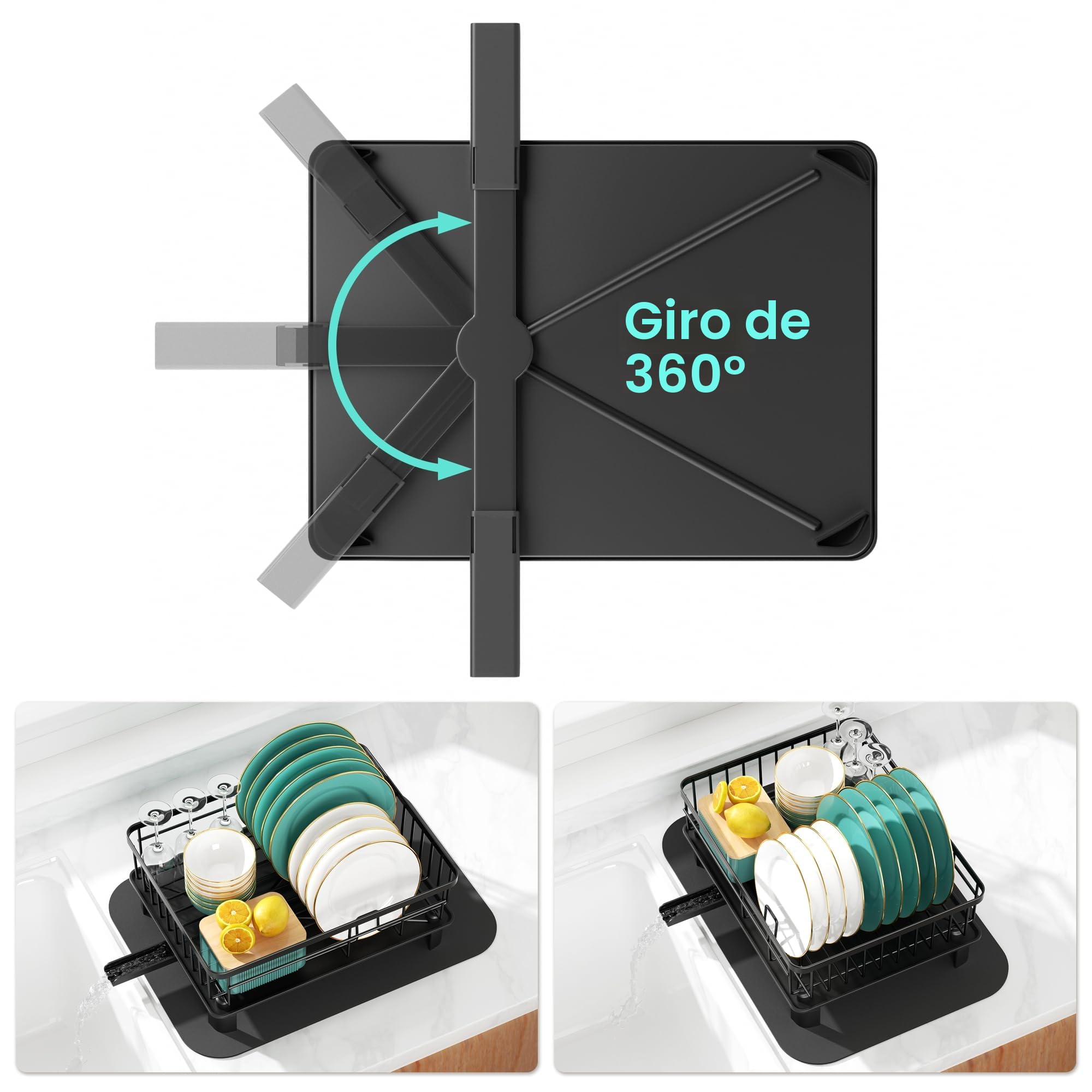 niffgaff Escurridor de platos negro (37.5 * 28 * 14.5 cm), escurridor de acero inoxidable con alfombrilla de secado rápido, soporte de secado para platos