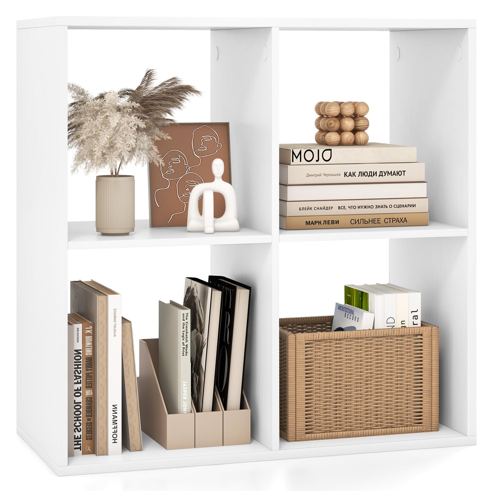 SFAREST 4-Cube Bookshelf, 3-Tier Wooden Open Display Bookcase with Anti-Toppling Device, Modern Storage Cabinet Organizer Unit for Living Room, Bedroom and Office (White, 4-Cube: 70 x 33 x 70cm)