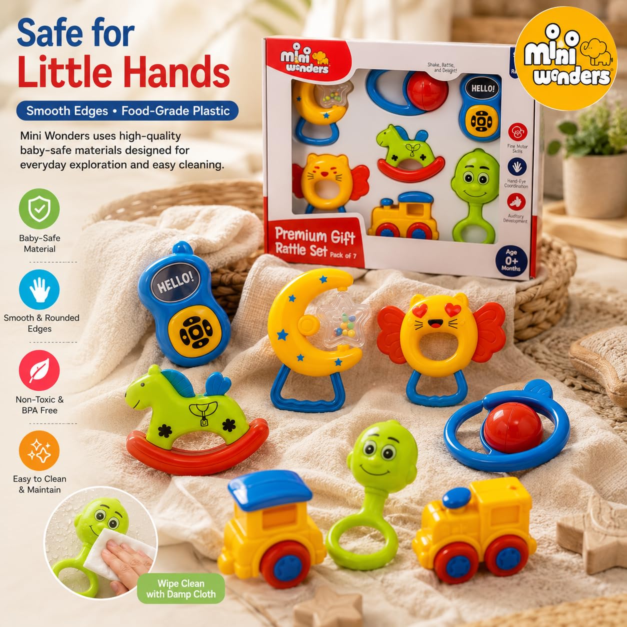 Mini Wonders Baby Rattle Set of 7 | Newborn Rattle Gift Set for Boys & Girls | Safe & Colorful Infant Toys for Early Learning & Sensory Play | Ideal Gift Pack for 0-12 Months Babies 2