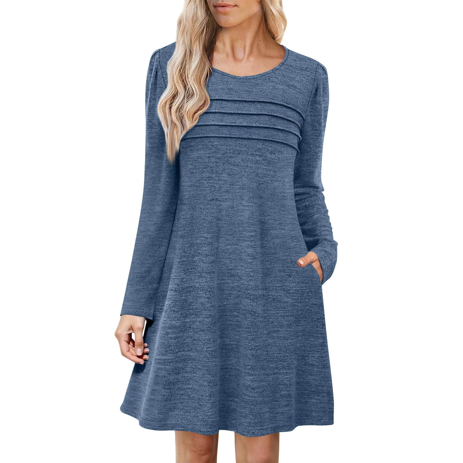 Womens Long Sleeve Dress Fall Casual T Shirt Loose Pleated Front Mini Dresses Crew Neck Solid Dress with