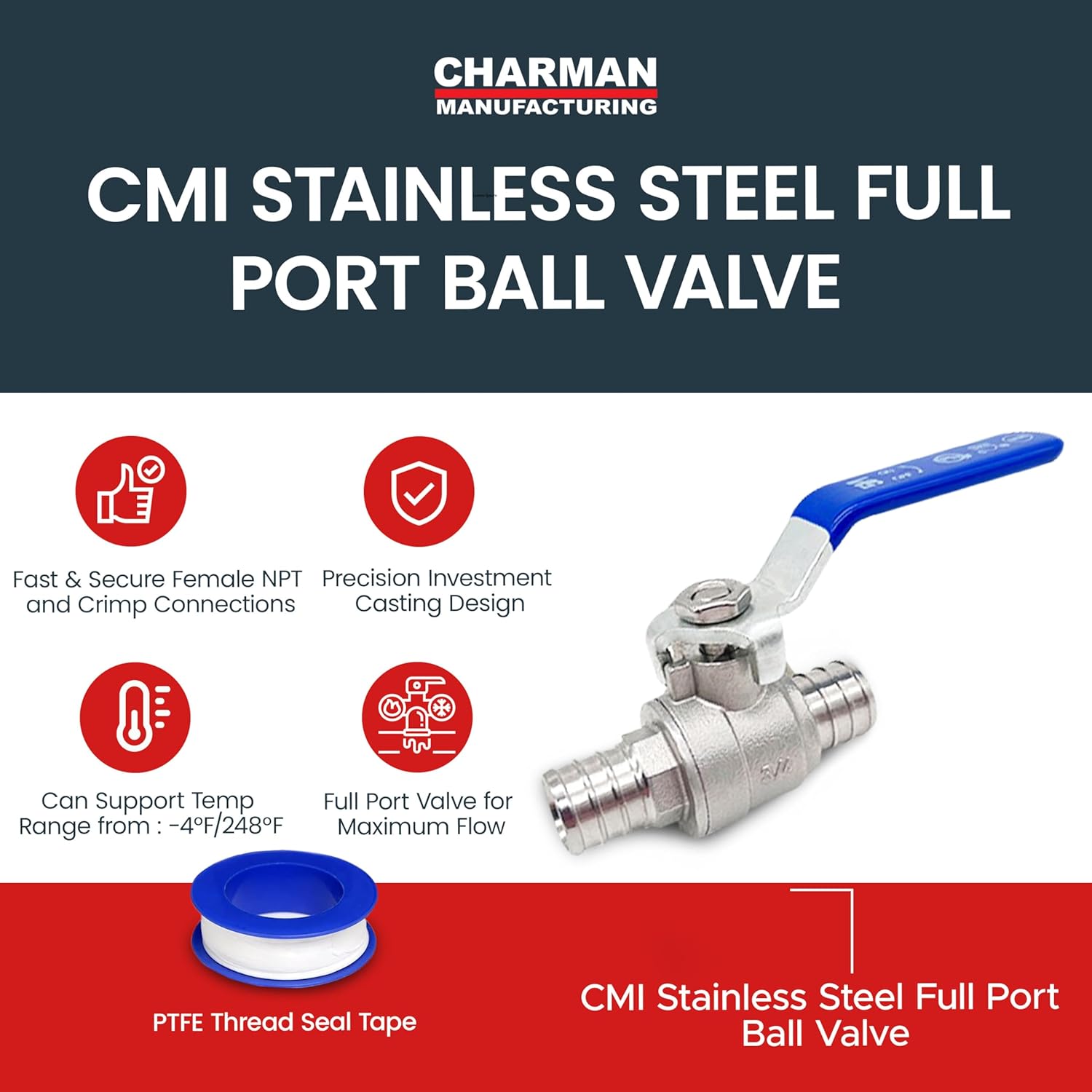CMI Inc - 3/4" PEX Ball Valve – 304 Stainless Steel Full Port Inline Shutoff for Hot & Cold Water, Threaded & Compression Fittings, Crimping Tool Compatible, Plumbing System Manifold Adapter - 10 Pack