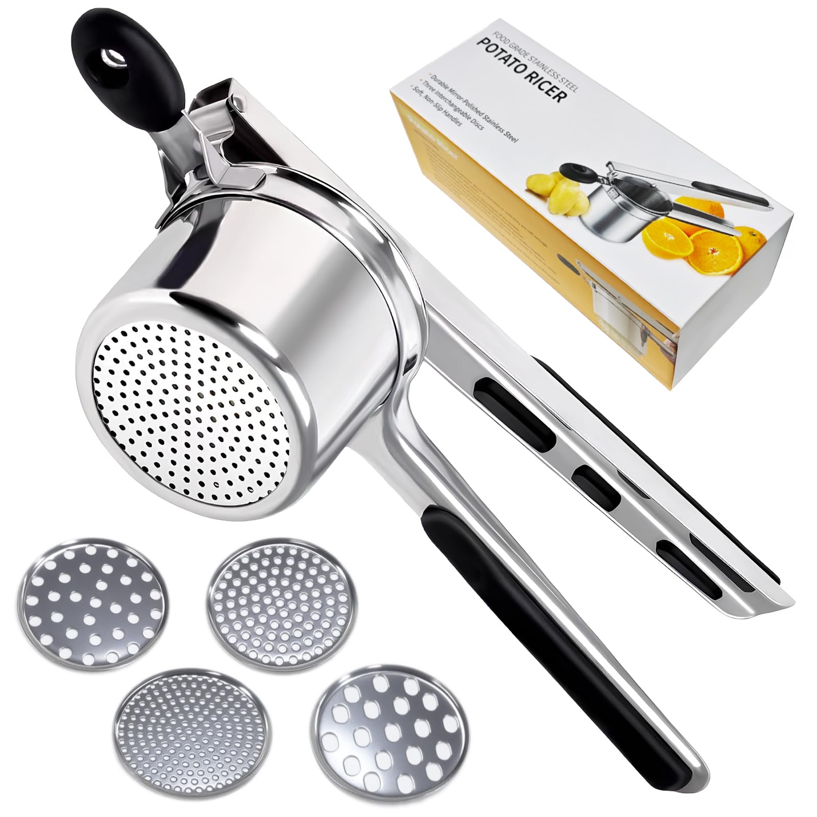 Kartoffelpresse Edelstahl, Spätzlepresse mit 4 Austauschbaren Spätzlesieb in Verschiedene Porengrößen & Silikon Griff, Potato Ricer für Kartoffelpüree, Spaghetti, Obstsäfte, Spätzle, Spülmaschinenfest
