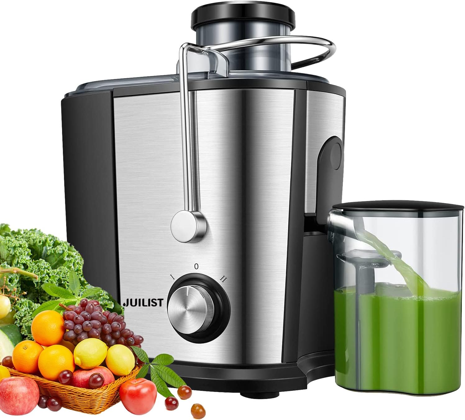 Juilist Juicer Machines, Up to 900W Juicer with Anti-drip & Anti-slip Function, Juicers Whole Fruit and Vegetable with 3-Inch Wide Mouth Food Chute, 2 Speeds, Recipe Included, Easy to Clean 600W