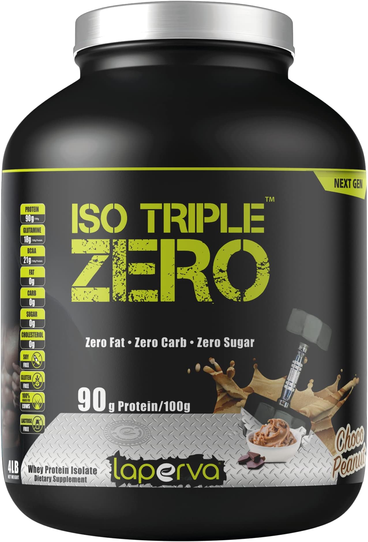 Laperva ISO Triple Zero Whey Protein Isolate – Over 27g Protein, Zero Carb, Zero Sugar, Zero Fat – BCAA-Rich, Fast Absorption, Soy-Free, Halal-Certified (4lb - 72 Servings) (Choco Peanut)