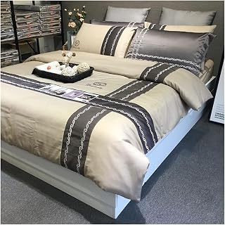 FBITE FXJ Wrinkle Stain Resistant Four Piece Bed Set Duvet Cover Set 4 Pieces European-Style Simple Cotton Business Men King Queen Twin Double Quilt Cover Queen Size Sheet Set (Gold 150x200cm)