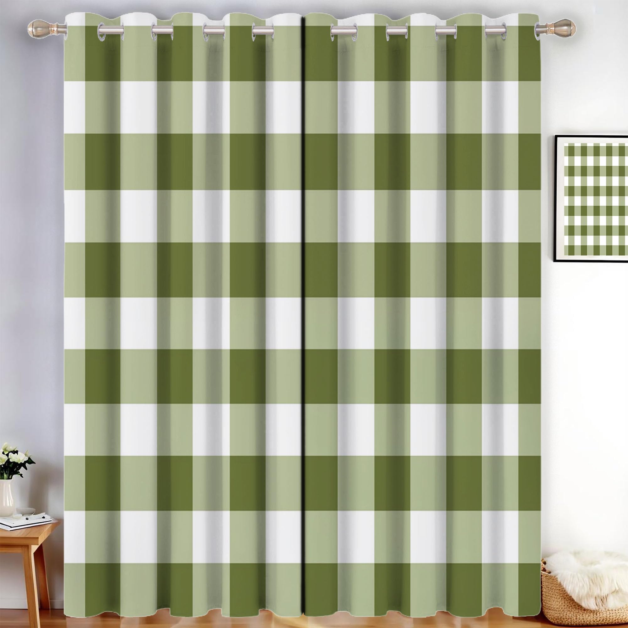 Rideau salon occultant motif à carreaux rideaux à oeillets vert olive 117x137 cm