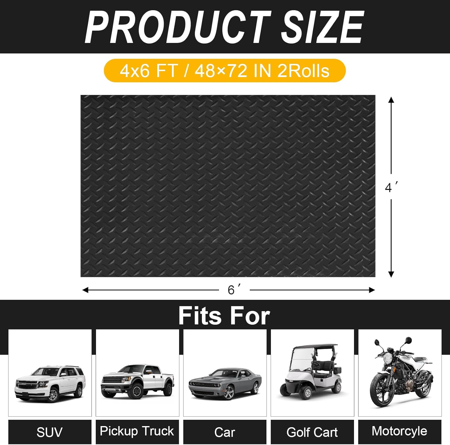 4x6 FT Garage Floor Mat, 2 Rolls 2.8mm Thickened Flooring Roll 48 sqft Diamond Plate PVC Rubber Trailer Mat, Non-Slip Floor Mat for Garage, Motorcycle, Trailer, Pickup Truck, Black