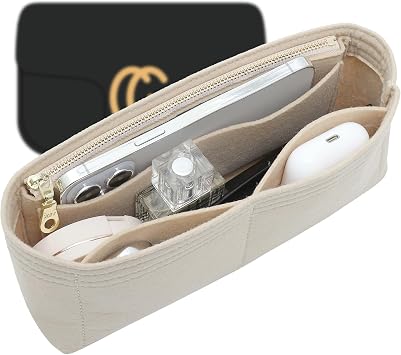Felt Small Insert Purse Organizer with Zipper Compatible with GG Small Marmont Insert Matelasse Shoulder Bag and More, Mini Handbag Organizer Pouch for Women Inner Bladder Bag Beige, S