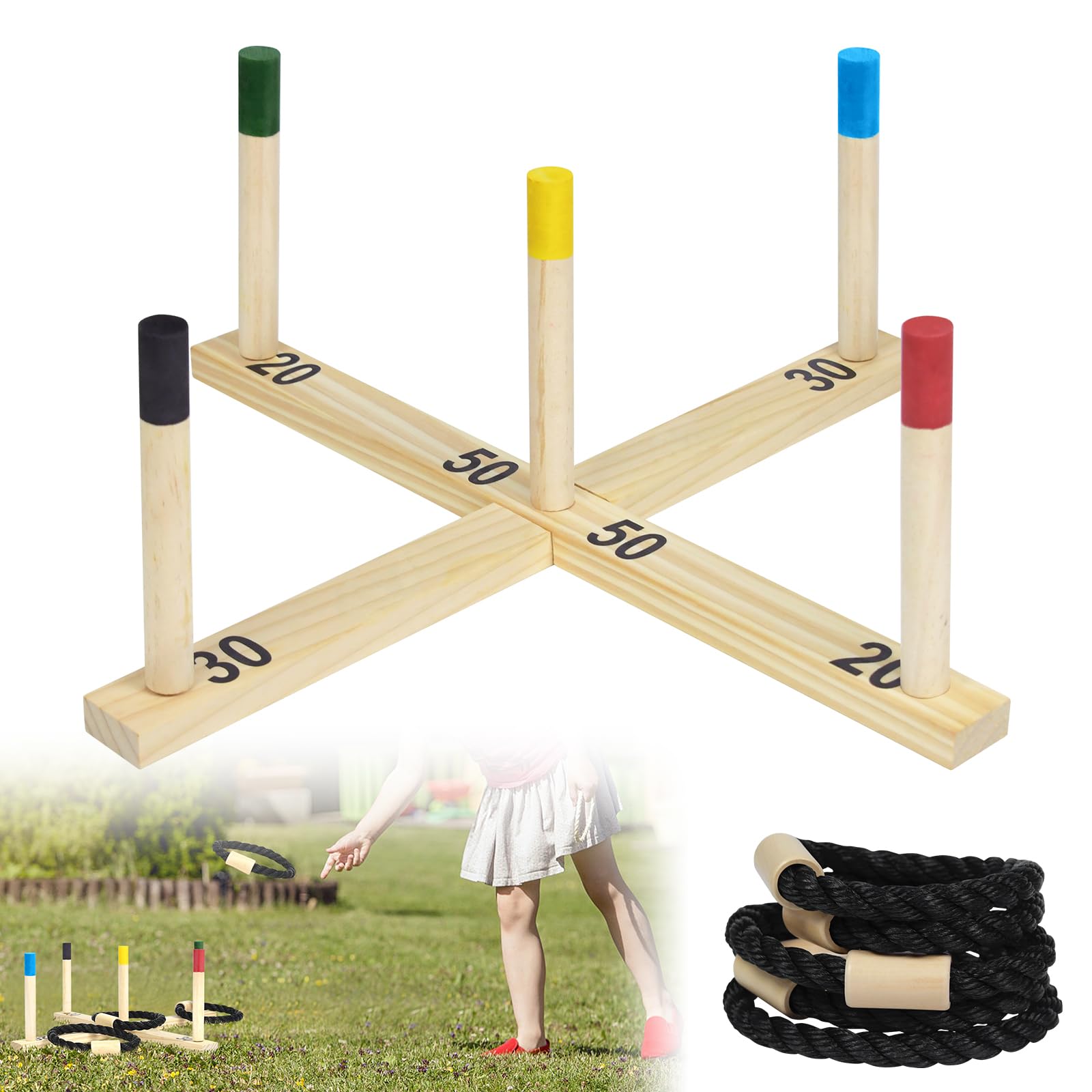 Jeu de lancer d'anneaux en bois avec 5 anneaux en nylon et 5 barres colorées, amusant pour enfants et adultes