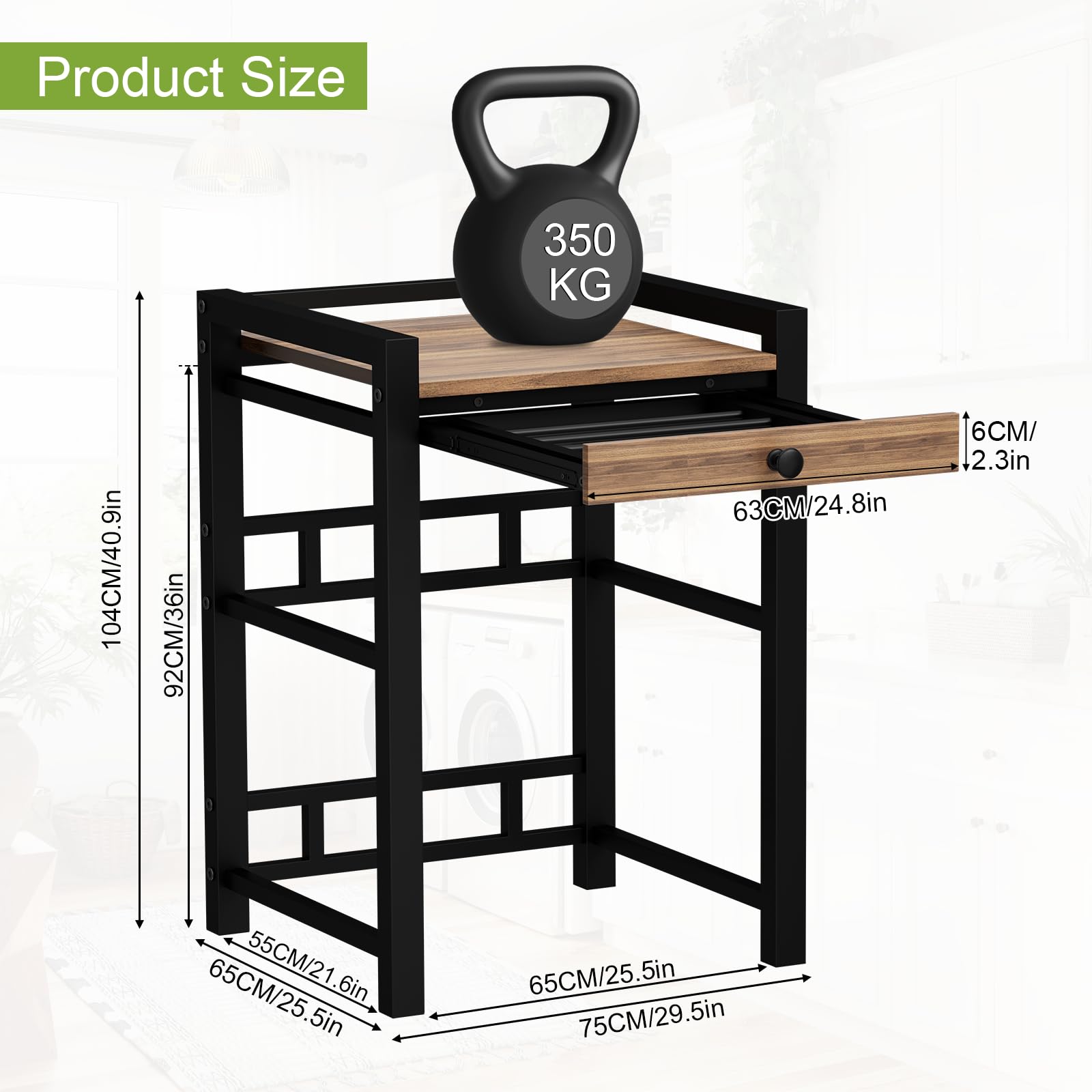 Estantería para Lavadora, Estante sobre Lavadora, Altura Ajustable, Capacidad de Carga 300 kg, Armario para Lavadora (Negro con cajones)