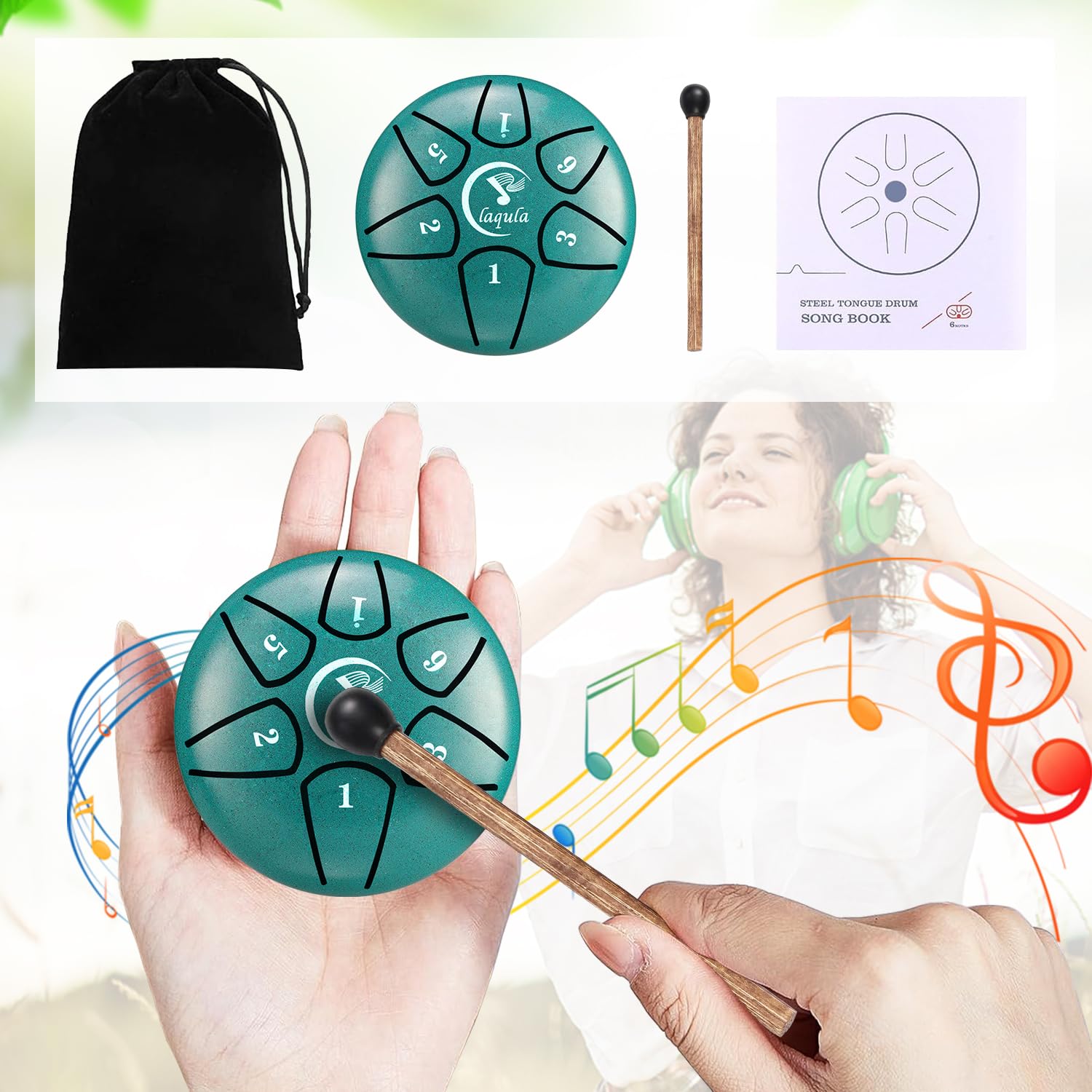Tambour en Acier Langue 6 Pouces 8 Notes Tambour à Main Tambour à Disque Percussions Avec Livre De Musique Baguette Méditation Yoga Divertissement Musique Education Bagage à Main (Lac Bleu)