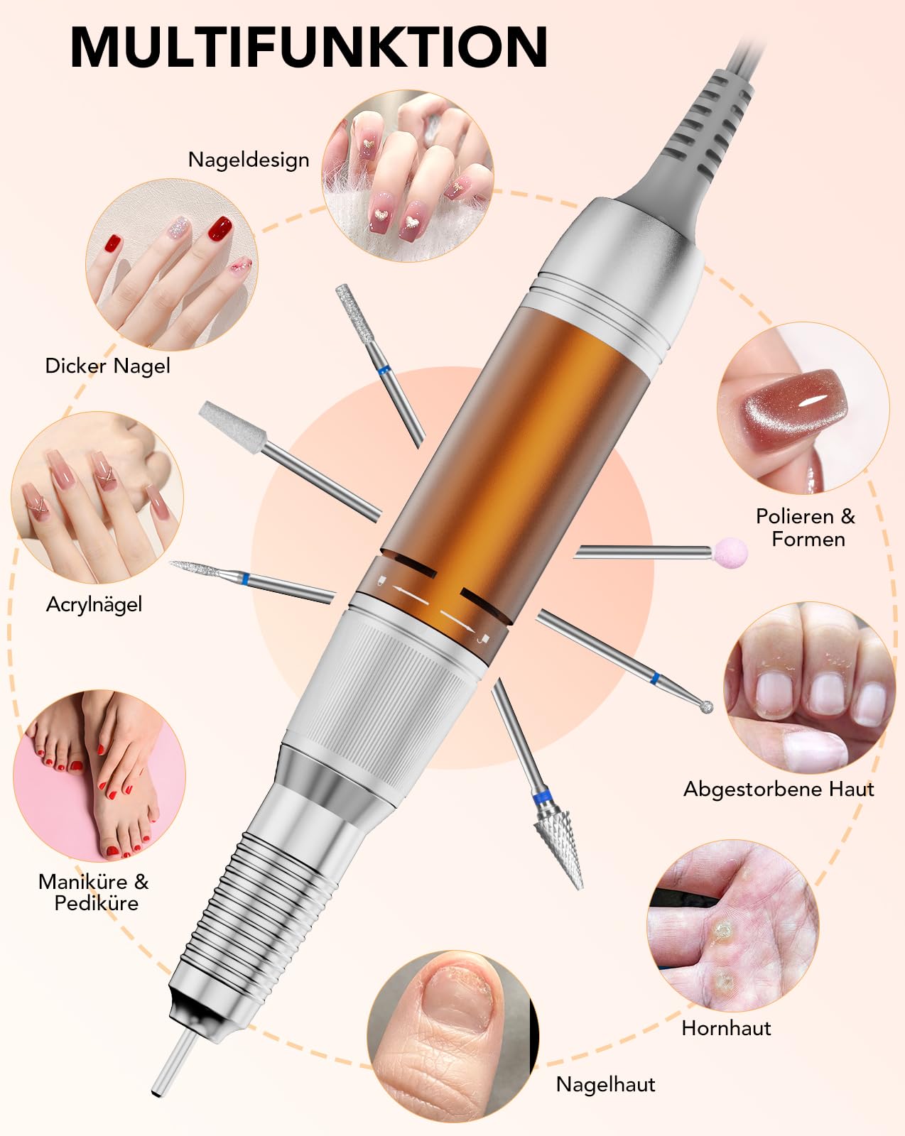 HOMEASY Nagelfräser 45000 U/M Professionell Fräser Nägel Elektrische Nagelfeile für Gelnägel mit Fußpedal 45 Getriebestufen LCD Anzeige F/R Drehrichtung Pause Funktion Salon Zuhause Orange