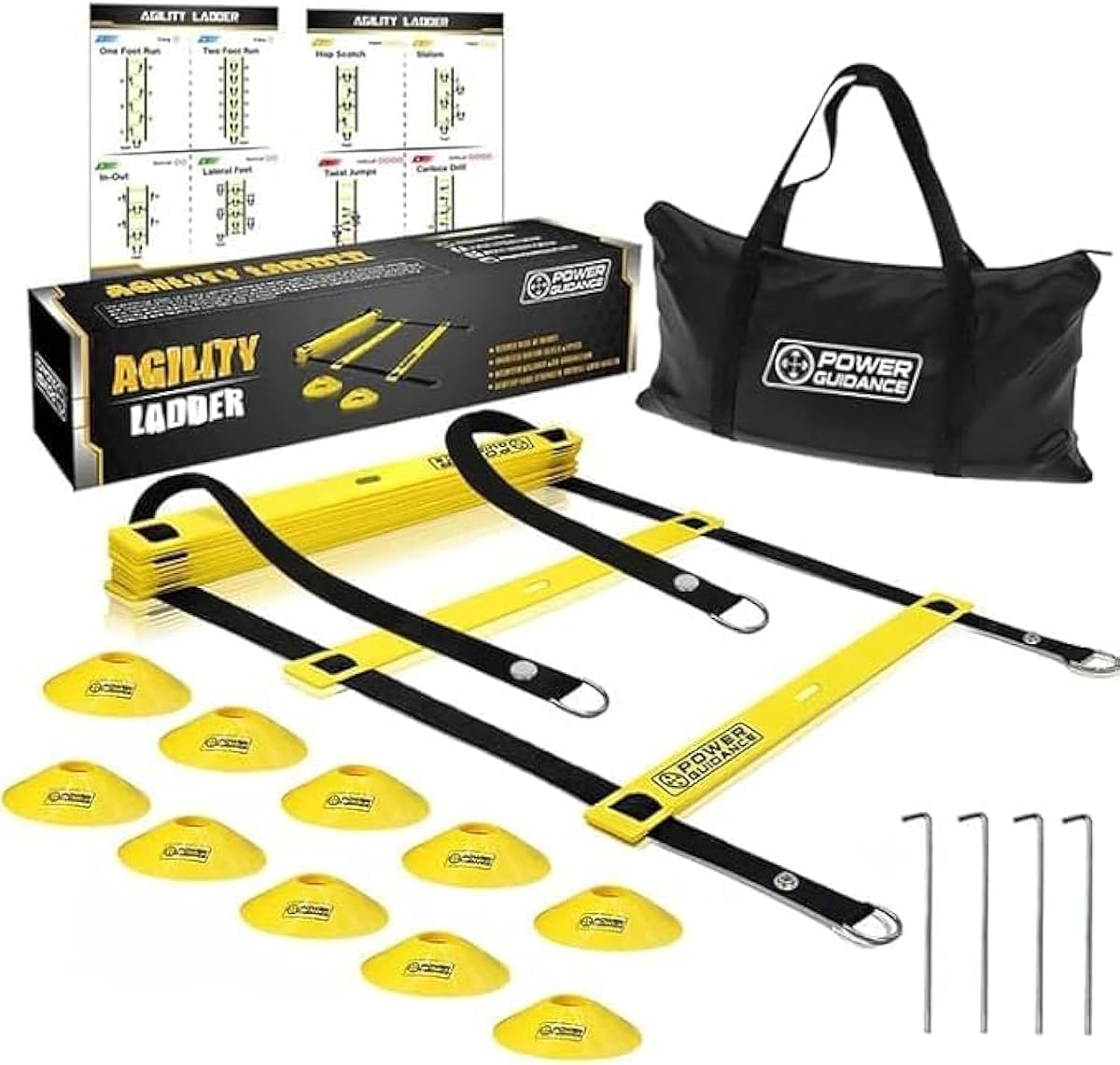 POWER GUIDANCE Escalera de agilidad (20 pies) con conos para entrenamiento de agilidad rápida y ejercicio rápido de pies - Equipo de entrenamiento de fútbol y fútbol para adultos, jóvenes y niños