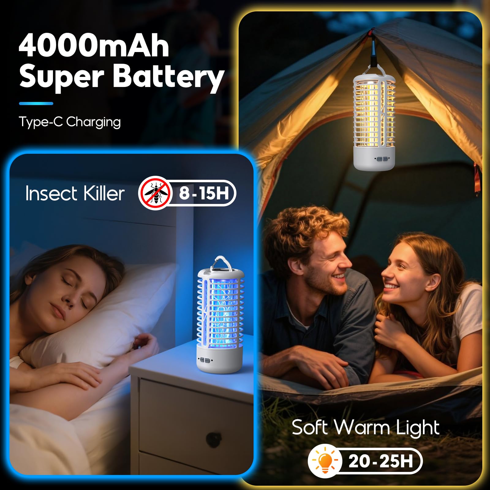 Mückenlampe, Mückenschutz, Anti Mücken Lampe, Insektenvernichter Elektrisch, Wiederaufladbare LED-Lampe, 3000V UV Elektrische Fliegenfalle, IPX4 Wasserdichter für Innen & Außen (Weiß)