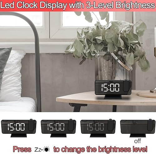 Miniatura 5 de Reloj despertador de proyección para dormitorio, reloj despertador LED grande de 7.4 pulgadas con proyección en techo, proyector de 180, cargador
