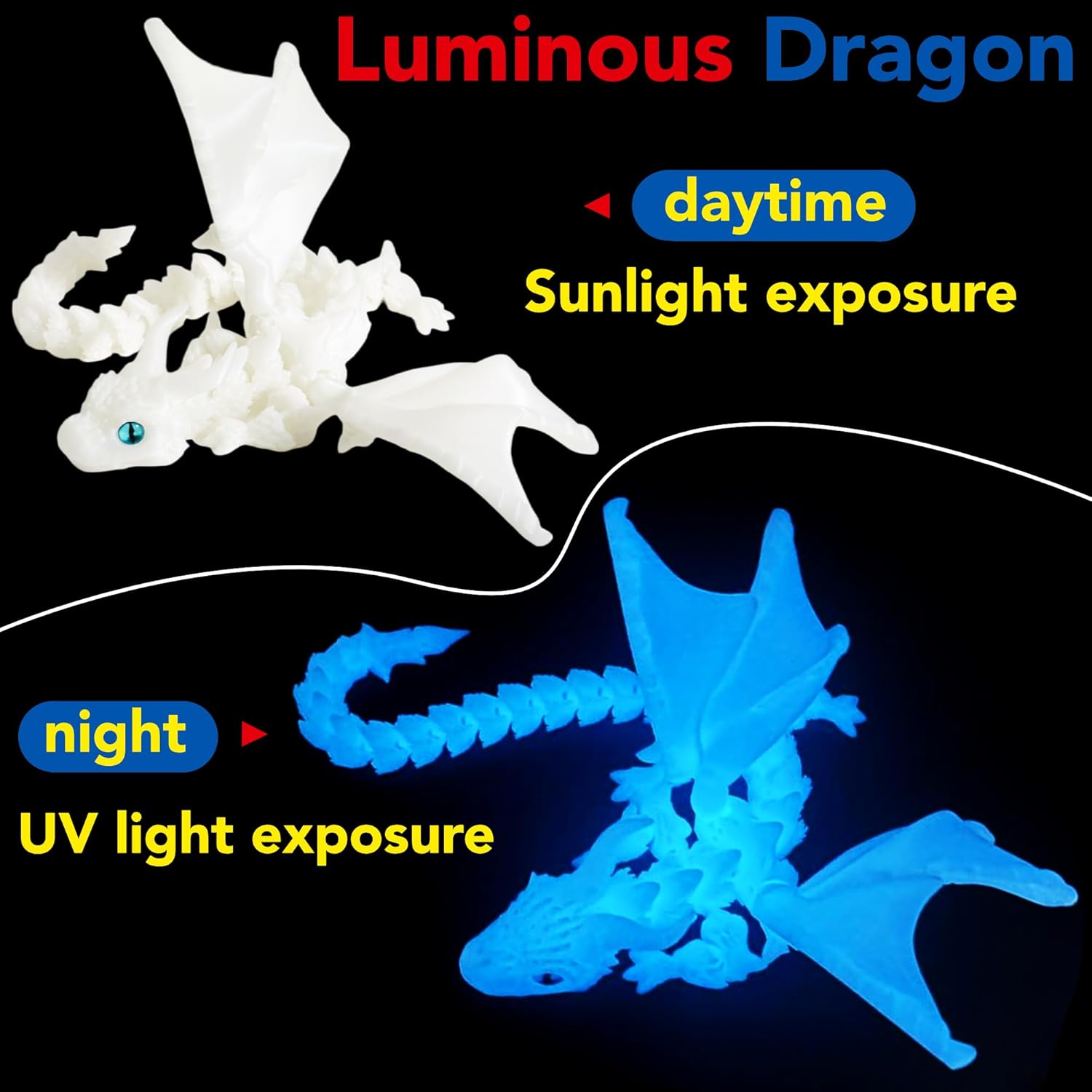 15.75" Luminous Blue 3D Printed Articulated Dragon Toy, Large Glowing Dragon Desk Pet Fidget Toy for Kids Adults, Jointed Figurine Gift
