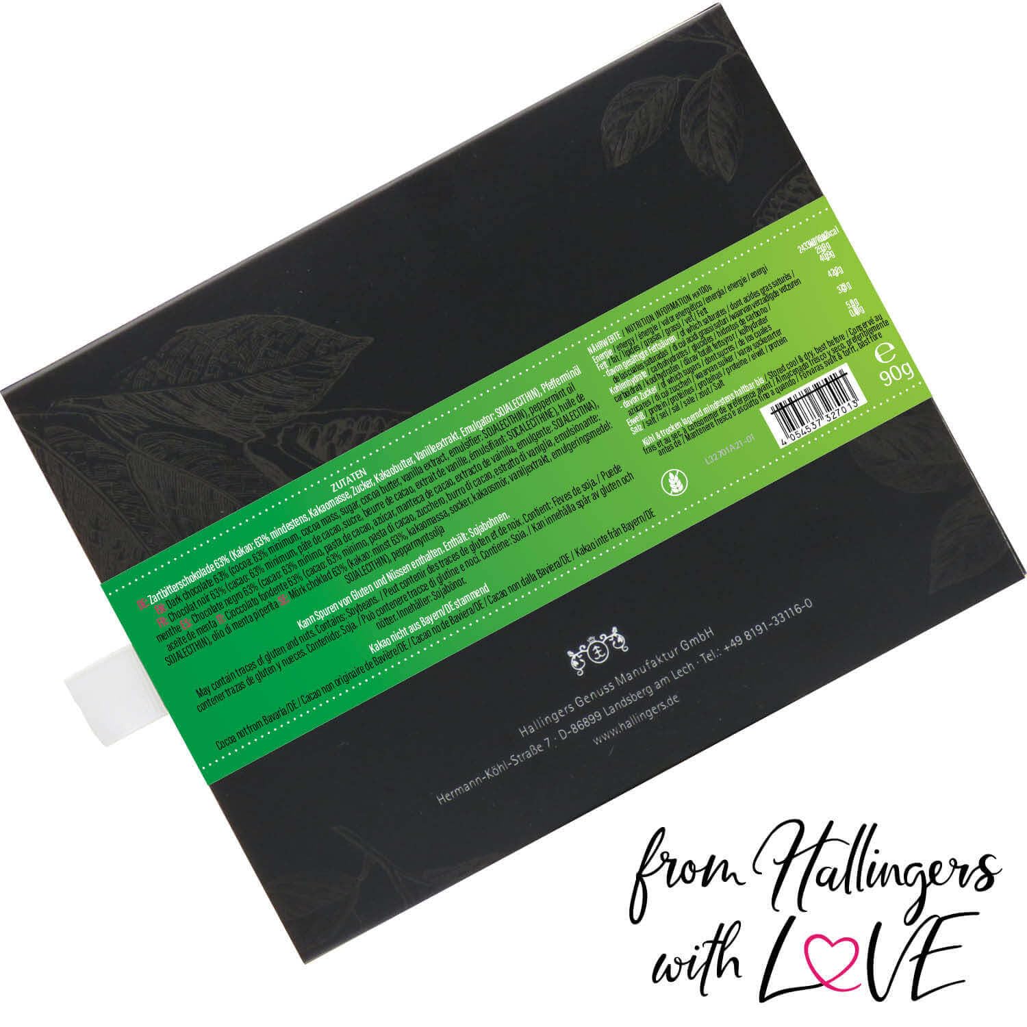 Hallingers Genuss Manufaktur Vegane Schokolade Geburtstagsgeschenk - Tafel handgeschöpfter Edelkakao ohne Alkohol edler Karton 10x "Happy Birthday ..." Minze, Geschenke für Frauen Männer