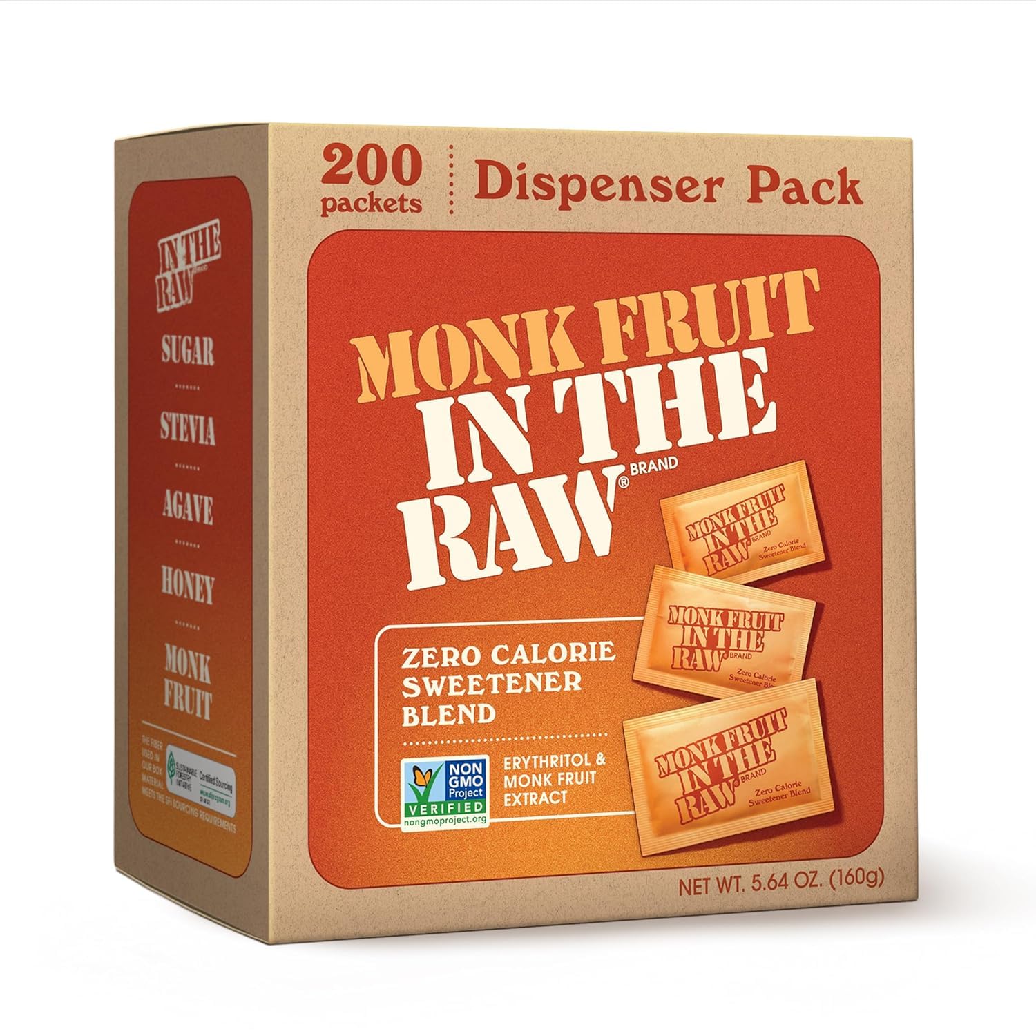 Monk Fruit In The Raw Sweetener Packets, 200 Ct, Keto Certified Monk Fruit Sweetener Packets, Zero Calories, Zero Net Carbs, Non-GMO Project Verified, Vega, Low Glycemic Index
