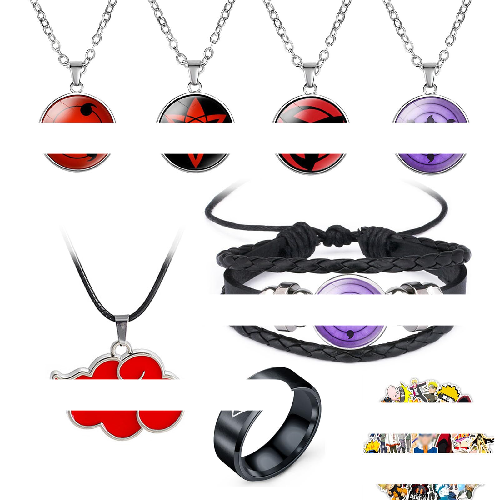 Zaky 32 Set Anime Konoha Ring Red Cloud Pendant Ninja Necklace Cosplay Ajustable Sharingan Bracelet Japanese Anime Stickers Waterproof Animation Cosplay