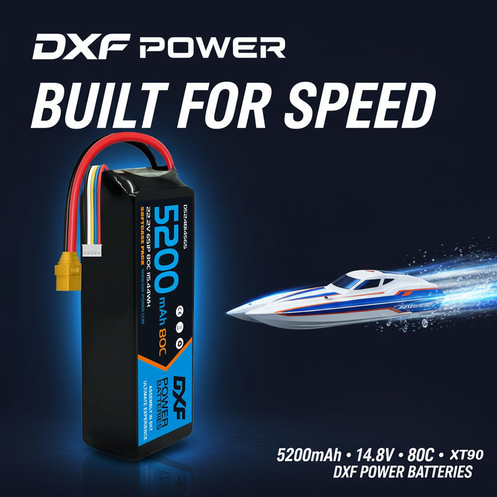 DXF 2 Packungen Powerhouse für rc-Fahrzeuge: 14.8v, 5200mah, 80c, XT90-stecker - 4s lipo perfekt für emaxx, Bandit, losi,u.v.m. - leistungsstarker 4s lipo akku für maximale fahrfreude!