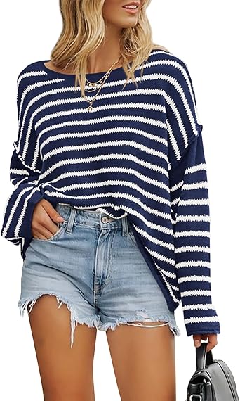 BTFBM Women's Striped Knit Sweaters 2025 Spring Fall Boat Neck Off Shoulder Long Sleeve Oversized Casual Pullover Tops