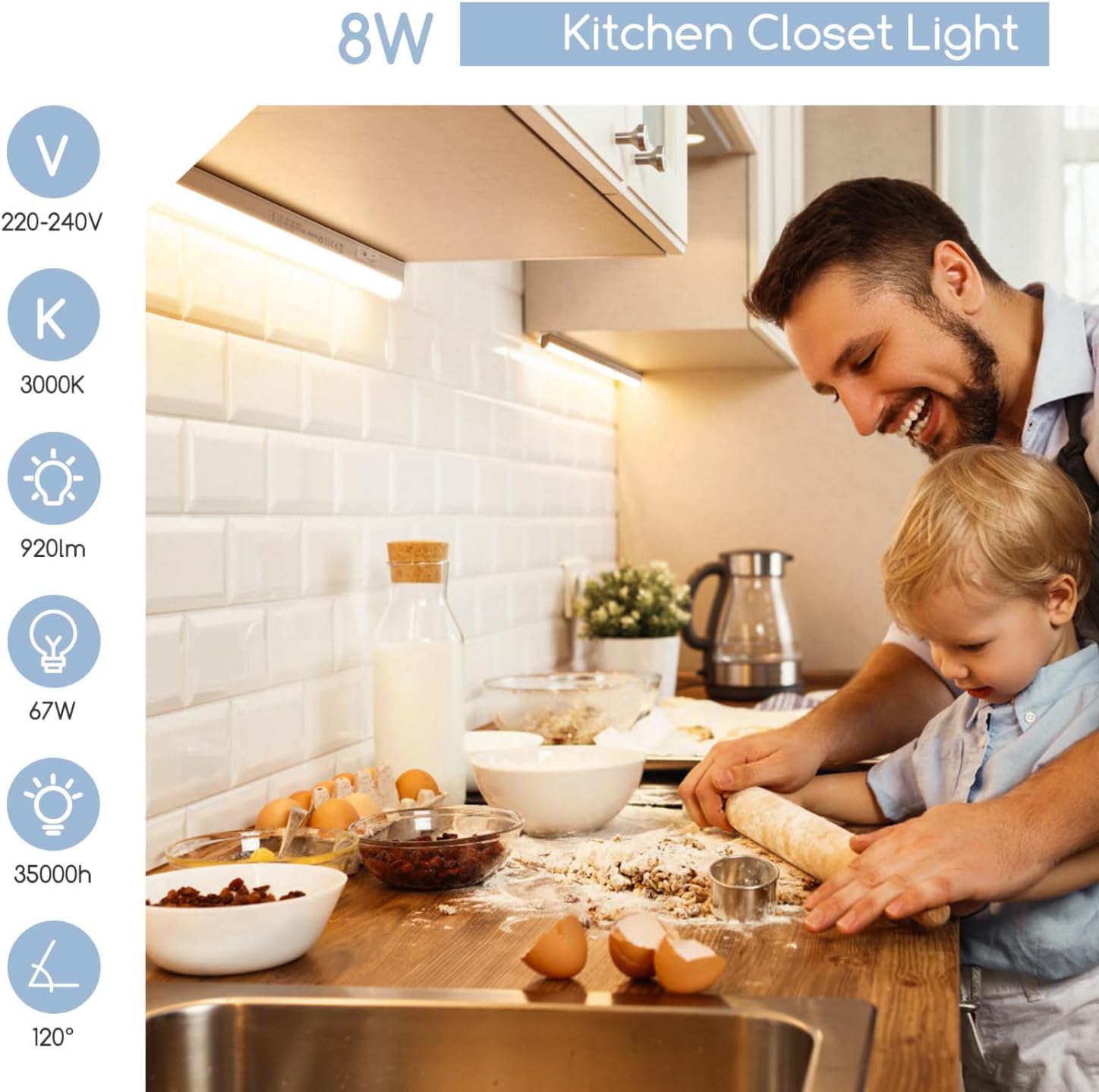 Aigostar LED Sottopensile Cucina con Interruttore 8W 920LM LED Sotto Pensile IP20 230V Lampada sottopensile Barra LED, Luce Bianco Caldo 3000K 57,3 cm Luce Gialla Calda 3000k 8W - Immagine 2